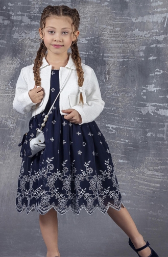 Bolerolu Çiçek Motifli Kız Çocuk Abiye Elbise TVD2395CCK-01 Lacivert