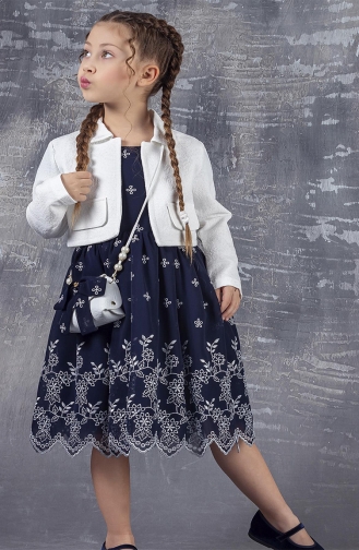 Bolerolu Çiçek Motifli Kız Çocuk Abiye Elbise TVD2395CCK-01 Lacivert