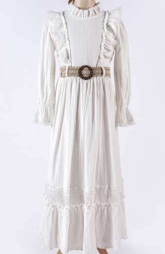 Fırfır Yakalı Boydan Kız Çocuk Elbise- Kemerli TVD2442FRYK-04 Beyaz