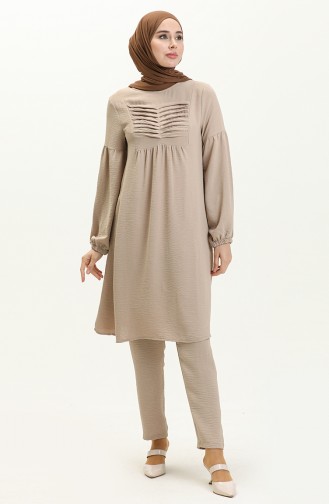 Ensemble Pantalon Tunique à Boutons en Tissu Aerobin 0001-01 Beige 0001-01