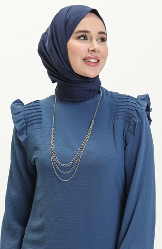 Aerobin Stoff Raffung Detaillierte Tunika Hose 2er Set 0002-04 Indigo 0002-04
