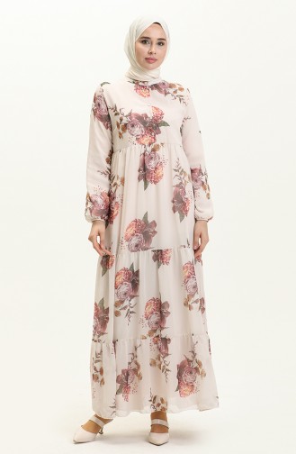 Floral Print Chiffon Dress 81842-01 Beige 81842-01