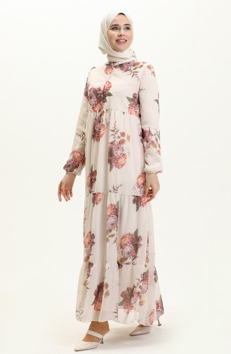 Floral Print Chiffon Dress 81842-01 Beige 81842-01