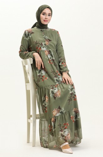 Floral Print Chiffon Dress 81842-02 Khaki 81842-02