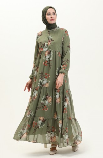 Floral Print Chiffon Dress 81842-02 Khaki 81842-02