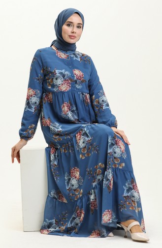 Robe en Mousseline à Motifs Floraux 81842-03 İndigo 81842-03