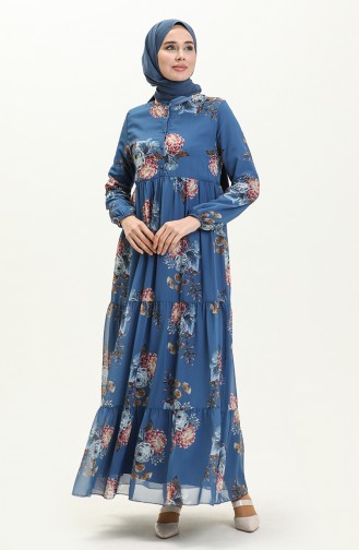 Robe en Mousseline à Motifs Floraux 81842-03 İndigo 81842-03