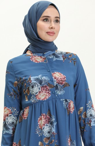 Robe en Mousseline à Motifs Floraux 81842-03 İndigo 81842-03