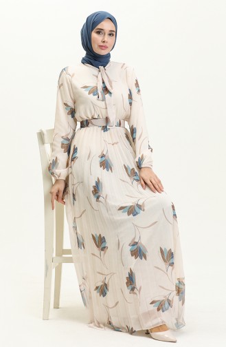 Pleated Belted Chiffon Dress 7004-02 Cream Navy Blue 7004-02