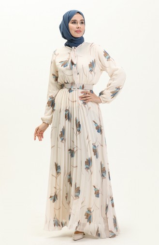 Pleated Belted Chiffon Dress 7004-02 Cream Navy Blue 7004-02