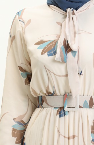 Pleated Belted Chiffon Dress 7004-02 Cream Navy Blue 7004-02