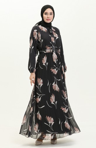 Plissiertes Chiffonkleid mit Gürtel  7004-04 Schwarz 7004-04