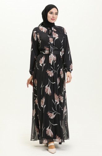 Plissiertes Chiffonkleid mit Gürtel  7004-04 Schwarz 7004-04