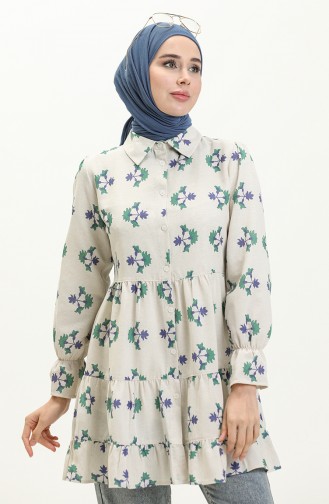 Çiçek Desenli Keten Tunik 0662-01 Saks Yeşil
