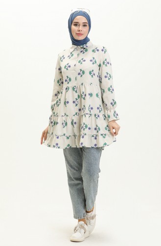 Çiçek Desenli Keten Tunik 0662-01 Saks Yeşil