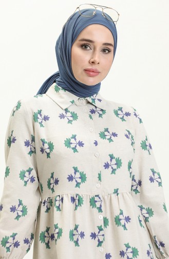 Çiçek Desenli Keten Tunik 0662-01 Saks Yeşil