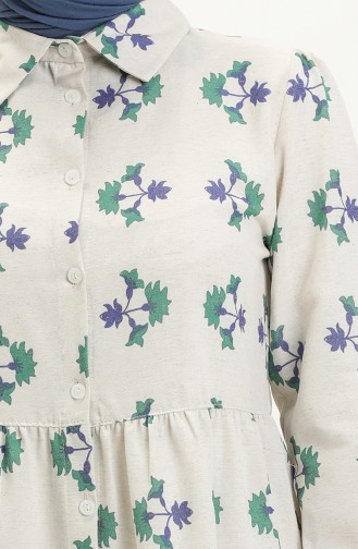 Çiçek Desenli Keten Tunik 0662-01 Saks Yeşil