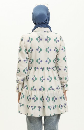 Çiçek Desenli Keten Tunik 0662-01 Saks Yeşil