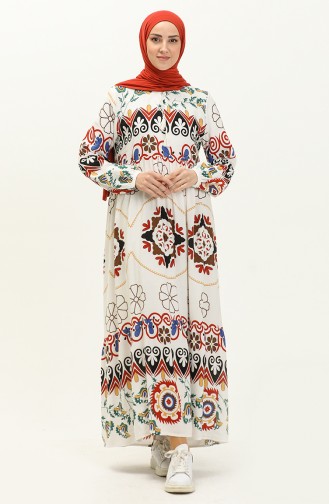 Robe à Motifs en Lin  4102-03 Blanc Brique 4102-03