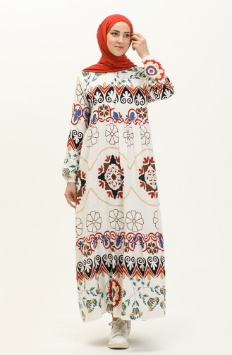 Printed Linen Dress 4102-03 white Brick Red 4102-03