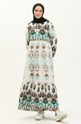 Printed Linen Dress 4103-02 white Emerald Green 4103-02