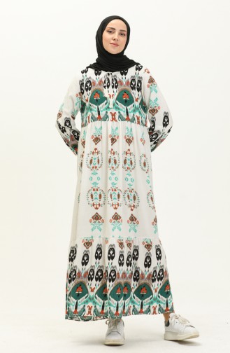 Printed Linen Dress 4103-02 white Emerald Green 4103-02