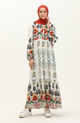 Printed Linen Dress 4103-03 white Brick Red 4103-03