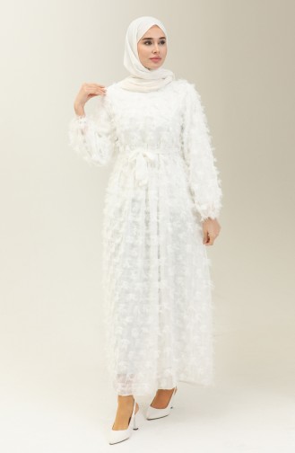 فستان بهدب وحزام 7001-02 أبيض 7001-02