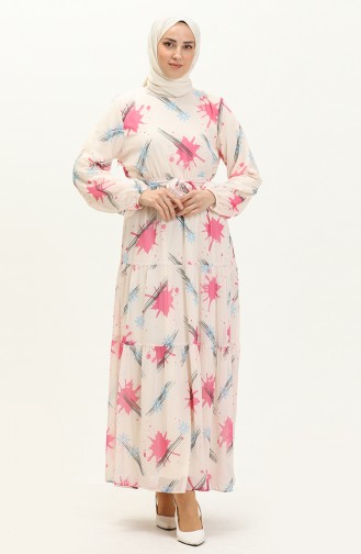 Printed Belted Chiffon Dress 7006-02 Cream Pink 7006-02