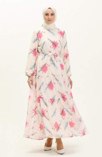Printed Belted Chiffon Dress 7006-02 Cream Pink 7006-02