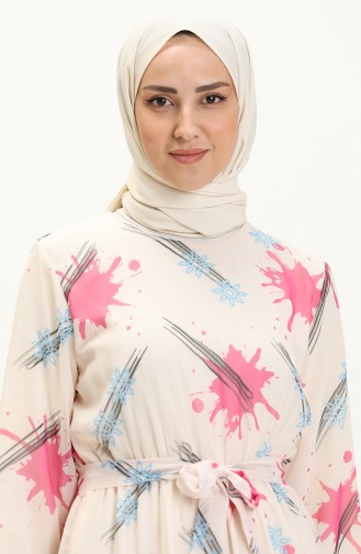 Printed Belted Chiffon Dress 7006-02 Cream Pink 7006-02