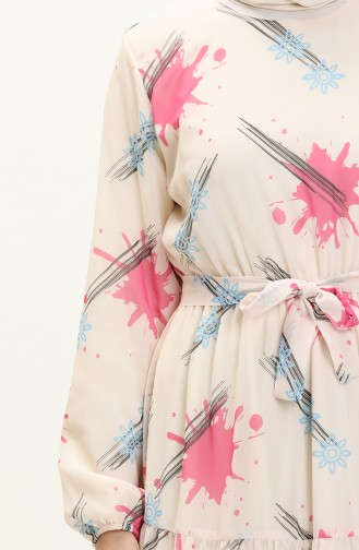 Printed Belted Chiffon Dress 7006-02 Cream Pink 7006-02