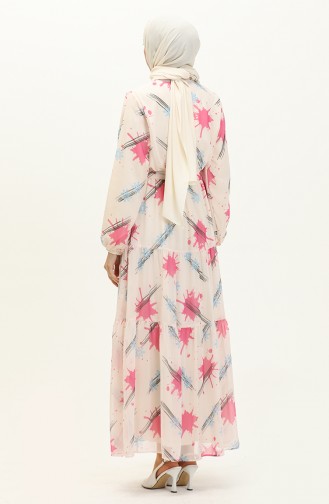 Printed Belted Chiffon Dress 7006-02 Cream Pink 7006-02