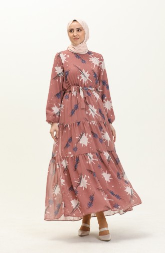 Printed Belted Chiffon Dress 7006-03 Tan 7006-03