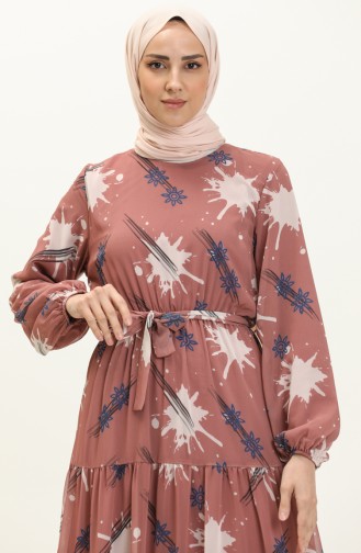 Desenli Kuşaklı Şifon Elbise 7006-03 Taba