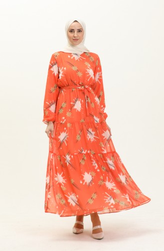Desenli Kuşaklı Şifon Elbise 7006-04 Oranj