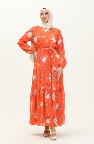Desenli Kuşaklı Şifon Elbise 7006-04 Oranj