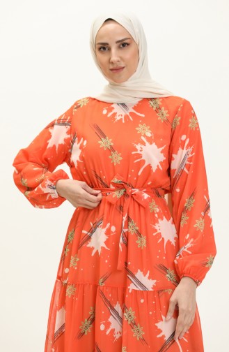 Desenli Kuşaklı Şifon Elbise 7006-04 Oranj