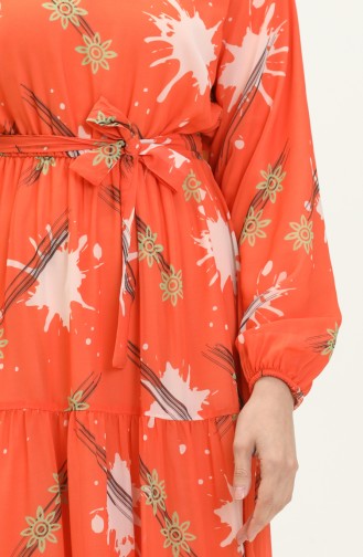 Desenli Kuşaklı Şifon Elbise 7006-04 Oranj