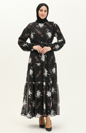 Printed Belted Chiffon Dress 7006-06 Black 7006-06