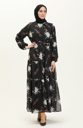 Printed Belted Chiffon Dress 7006-06 Black 7006-06