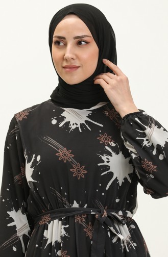Printed Belted Chiffon Dress 7006-06 Black 7006-06