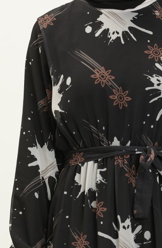 Printed Belted Chiffon Dress 7006-06 Black 7006-06