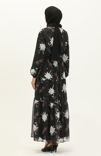Printed Belted Chiffon Dress 7006-06 Black 7006-06