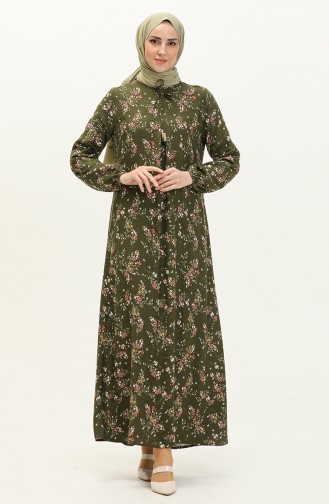 Çiçek Desenli Viskon Elbise 4569-04 Haki