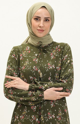 Çiçek Desenli Viskon Elbise 4569-04 Haki
