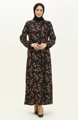 Çiçek Desenli Viskon Elbise 4569-05 Siyah