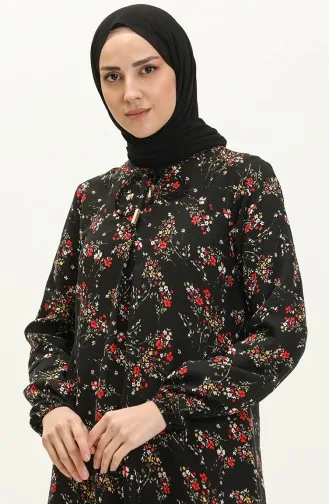 Çiçek Desenli Viskon Elbise 4569-05 Siyah