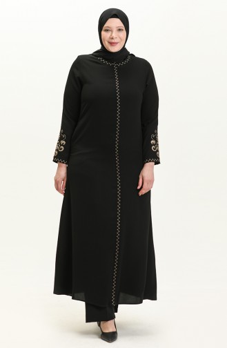 Plus Size Embroidered Zippered Abaya 2003A-01 Black 2003A-01