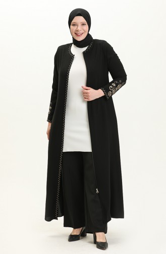 Plus Size Embroidered Zippered Abaya 2003A-01 Black 2003A-01